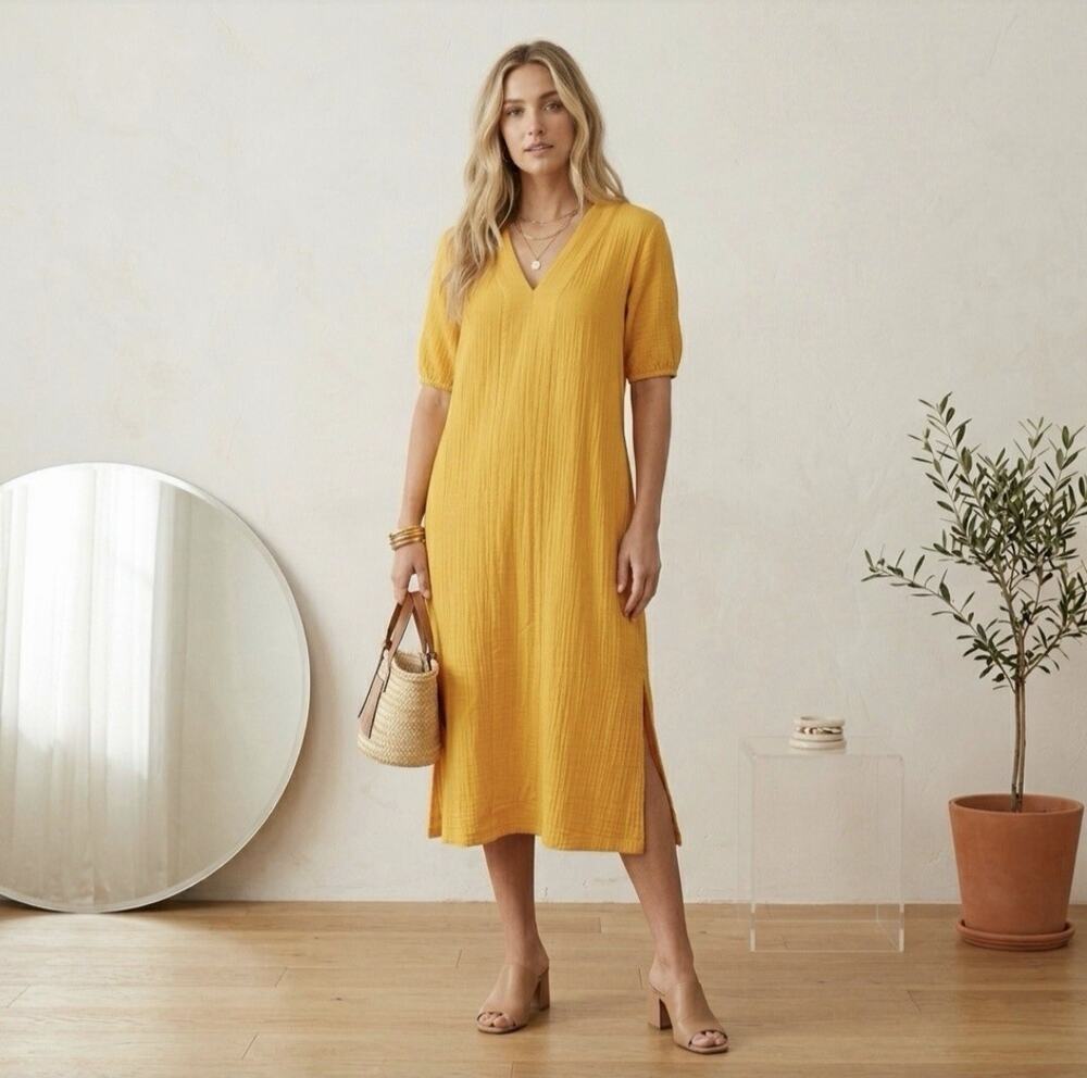 LAKE Cotton Gauze Caftan Midi Dress sz M Golden Yellow Coastal Lagenlook Resort